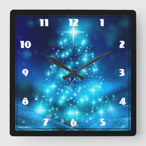 Modern Electric Blue Christmas Tree with Lights Square Wall Clock