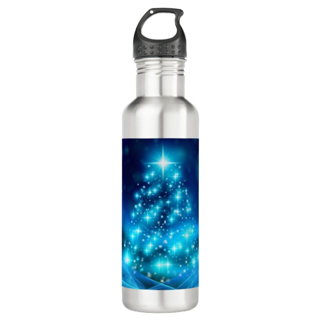 Modern Electric Blue Christmas Tree with Lights Stainless Steel Water Bottle (Front)