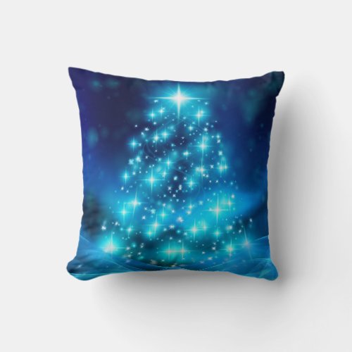 Modern Electric Blue Christmas Tree with Lights Throw Pillow