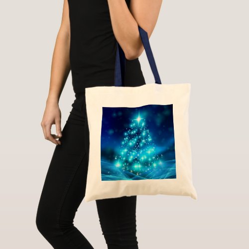 Modern Electric Blue Christmas Tree with Lights Tote Bag
