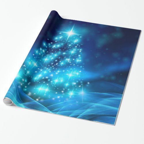 Modern Electric Blue Christmas Tree with Lights Wrapping Paper