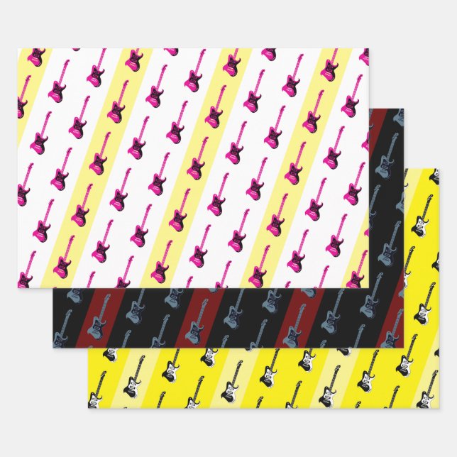 Modern Electric Guitar Black Yellow Pink Blue Cool Wrapping Paper Sheets (Set)