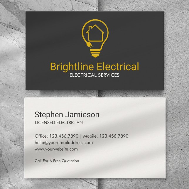 Modern Electrical Contractor Black Yellow Minimal Business Card (Creator Uploaded)
