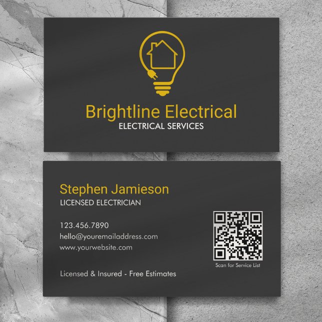 Modern Electrician Black Yellow QR Code Business Card (Creator Uploaded)