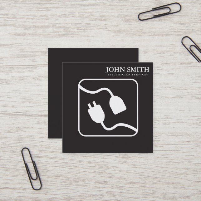 Modern Electrician Extension Cord Logo Black  Square Business Card (Front/Back In Situ)
