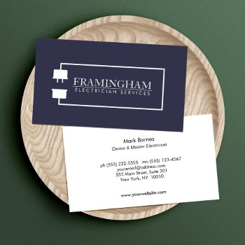 Modern Electrician Extension Cord Logo Navy Business Card by sm_business_cards at Zazzle