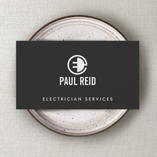 Modern Electrician Logo Gray Business Card (Creator Uploaded)