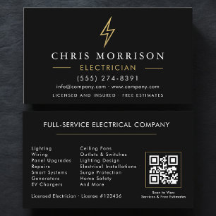 Modern Electrician QR Code Black Gold Minimal Business Card