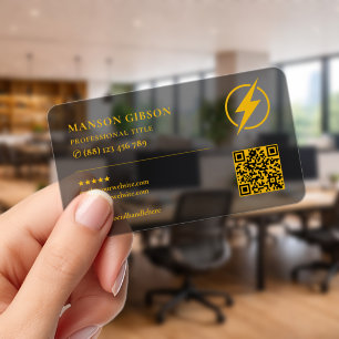 Modern Electrician Transparent Yellow Black QR Clear Business Cards