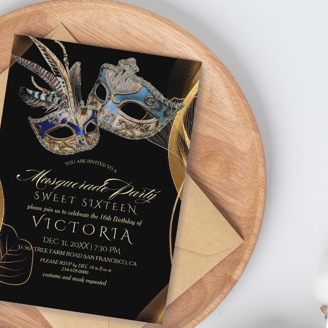 Modern Elegan Black Gold Masquerade 16th Birthday  Invitation (Creator Uploaded)