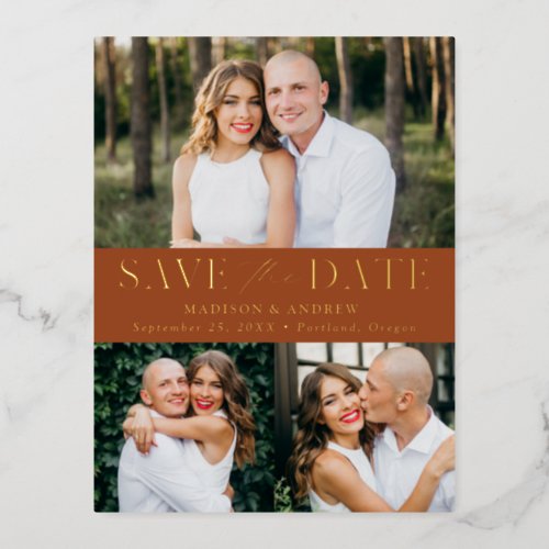 Modern Elegance 3 Photo Wedding Save the Date Foil Invitation Postcard