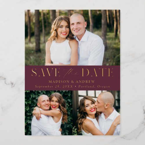 Modern Elegance 3 Photo Wedding Save the Date Foil Invitation Postcard