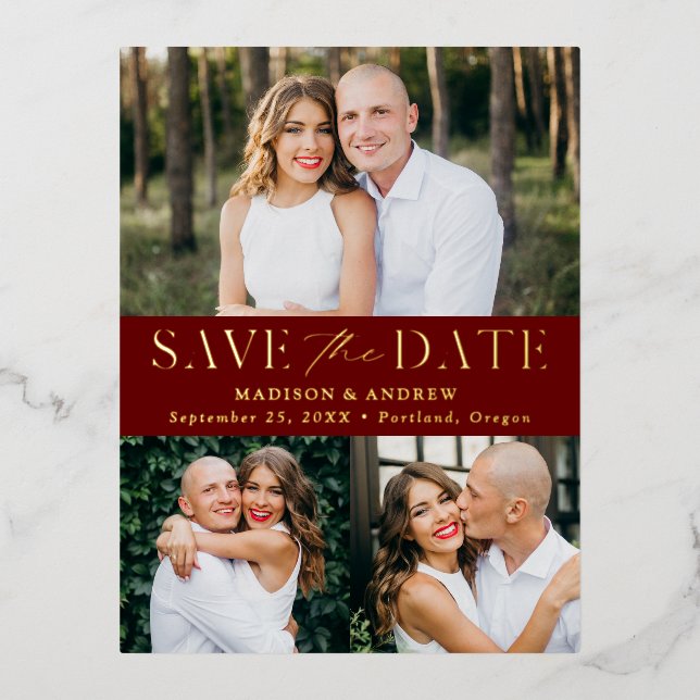 Modern Elegance 3 Photo Wedding Save the Date Foil Invitation Postcard (Front)