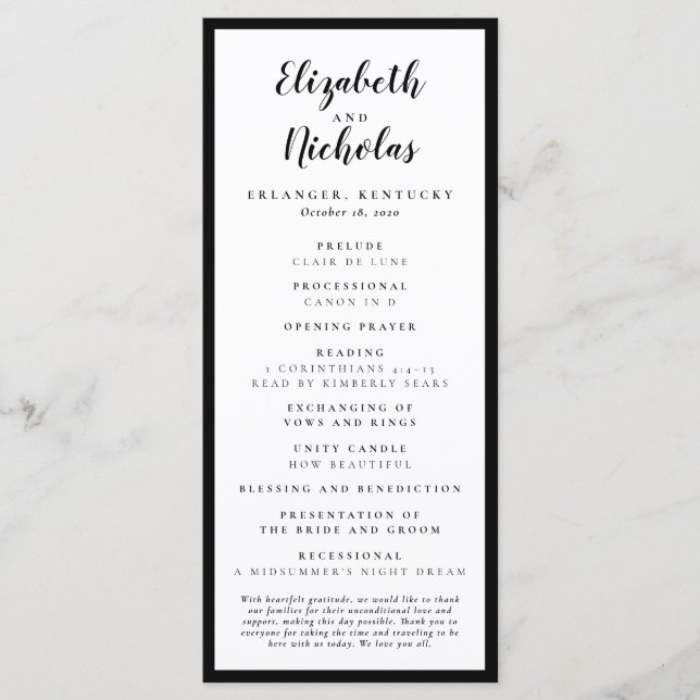 Modern Elegance Black and White Wedding Program (Front)