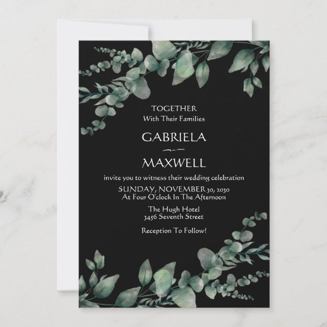 Modern Elegance Black Eucalyptus Wedding Invitation (Front)