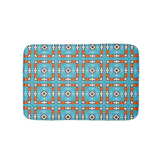 Modern Elegance Blue Orange White Azulejos Tile Bath Mat (Front)