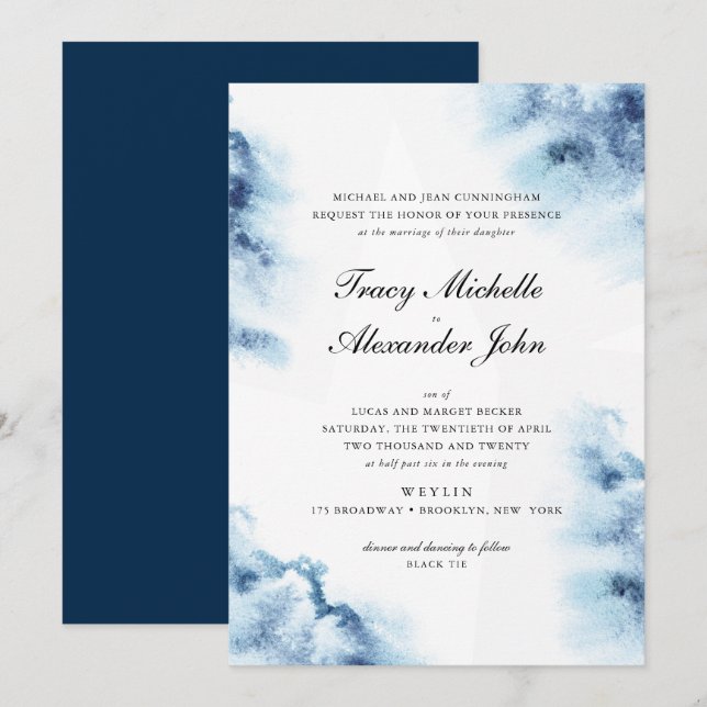 Modern Elegance Blue Watercolor Wedding Invitation (Front/Back)