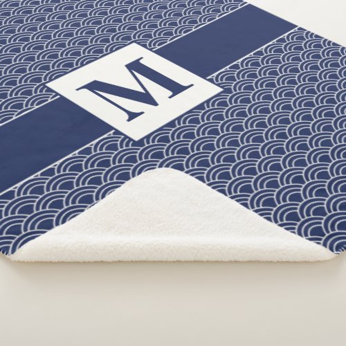 Modern Elegance Blue White Japanese Wave Print Sherpa Blanket