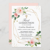 Modern Elegance Blush Pink Floral First Communion Invitation