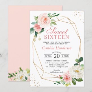 Modern Elegance Blush Pink Floral Sweet Sixteen 16 Invitation