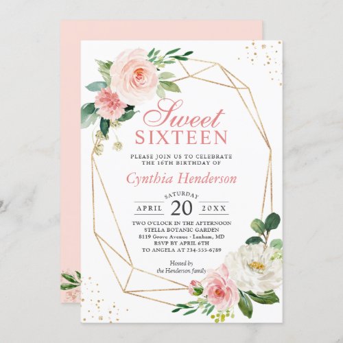 Modern Elegance Blush Pink Floral Sweet Sixteen 16 Invitation