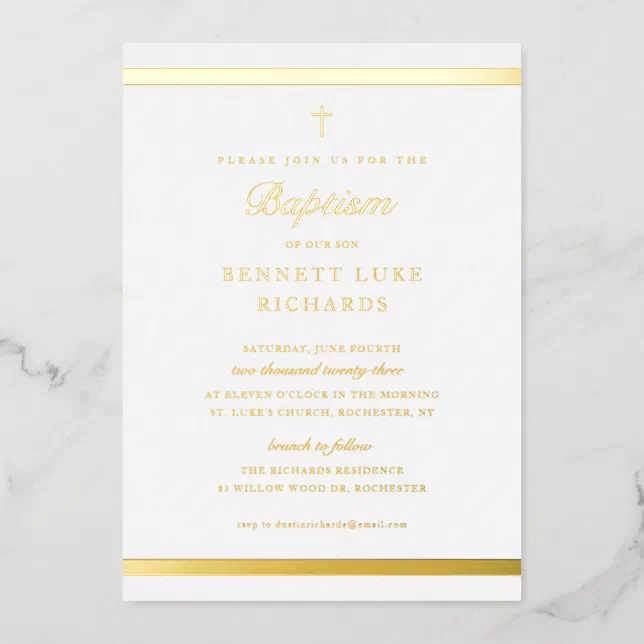 Modern Elegance Boys Baptism Gold Foil Invitation | Zazzle