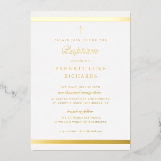 Modern Elegance Boys Baptism Gold Foil Invitation (Front)