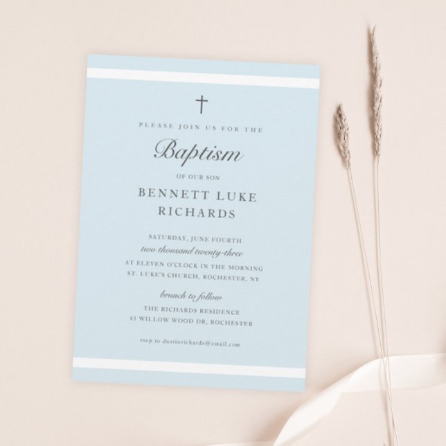 Modern Elegance Boys Baptism Invitation (Simple light blue boys baptism invitation with elegant script and minimal cross and typography.)