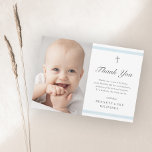 Modern Elegance Boys Baptism Thank You Postcard<br><div class="desc">The classic stripe baptism thank you card is a modern, clean postcard featuring soft blue stripes and a cross with photo on the front. The back is a mailable postcard. Gray customizable type allows you to change all of the information on the card to your liking. Perfect for a little...</div>