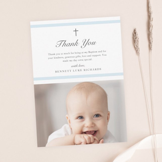Modern Elegance Boys Baptism Thank You Postcard (Simple boys photo baptism thank you postcard.)