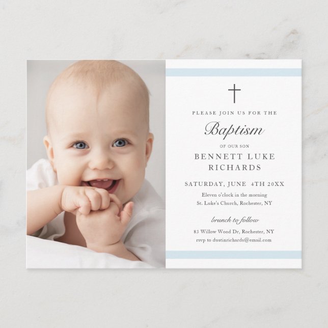 Modern Elegance Boys Photo Baptism Invitation Postcard (Front)