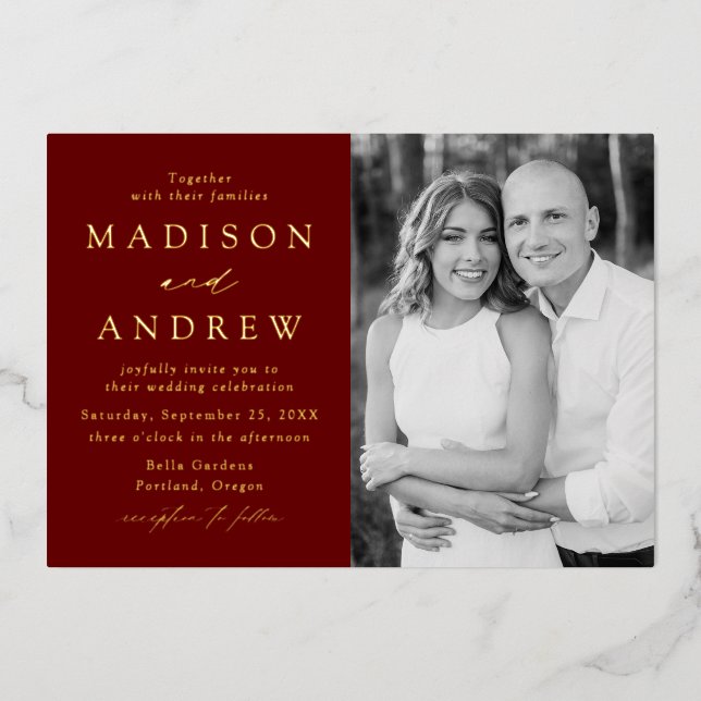 Modern Elegance Burgundy and Gold Photo Wedding Foil Invitation (Front)