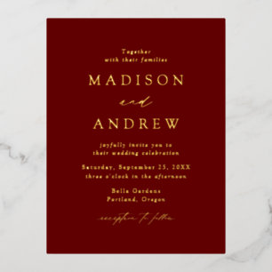 Modern Elegance Burgundy and Gold Wedding Foil Invitation Postcard