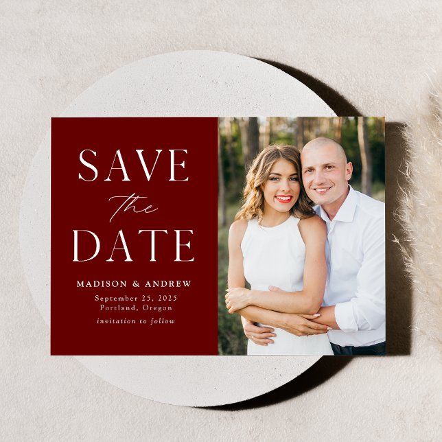 Modern Elegance Burgundy Photo Save The Date (Creator Uploaded)