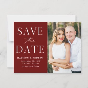 Modern Elegance Burgundy Photo Save the Date Magnetic Invitation | Zazzle