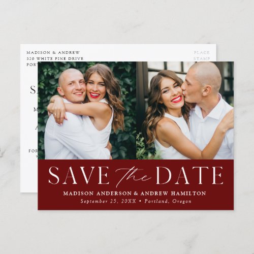 Modern Elegance Burgundy Two Photo Save the Date Announcement Postcard