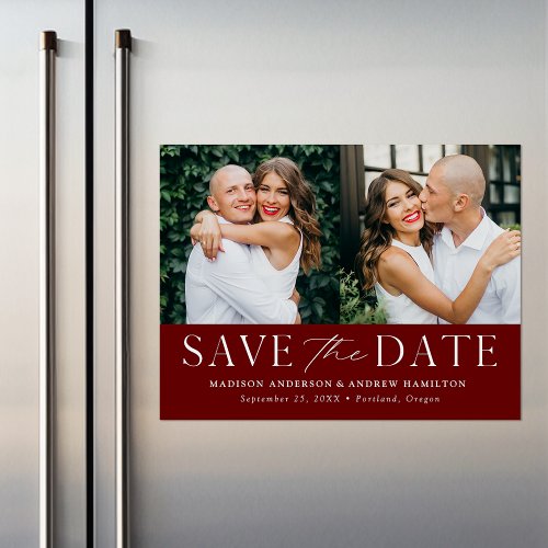 Modern Elegance Burgundy Two Photo Save the Date Magnetic Invitation