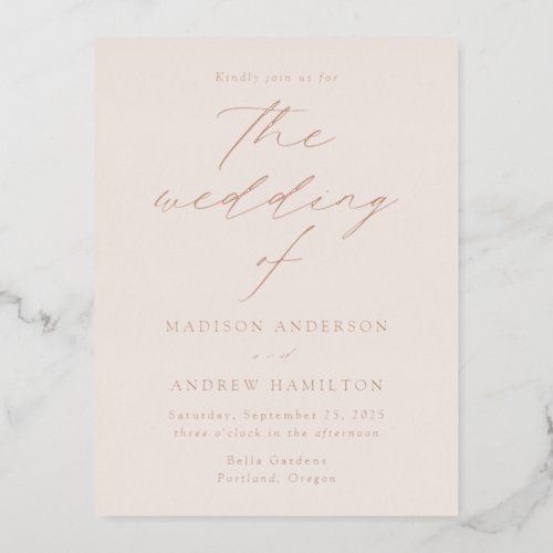 Modern Elegance Cream and Rose Gold Wedding Foil Invitation Postcard