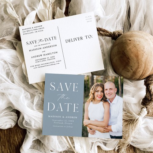 Modern Elegance Dusty Blue Photo Save the Date Announcement Postcard