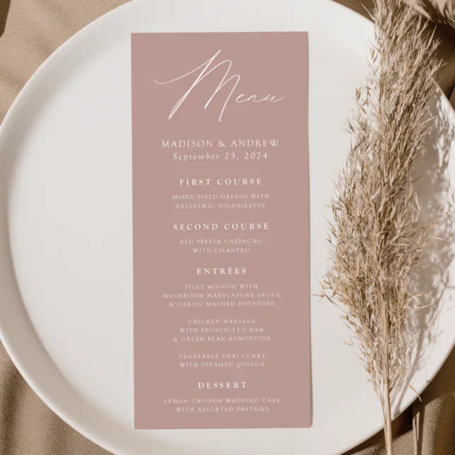Modern Elegance Dusty Rose Wedding Menu | Zazzle