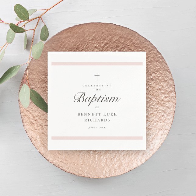 Modern Elegance Girls Baptism Napkins (Modern girls baptism napkin with simple pink bars, script typography and simple cross. )