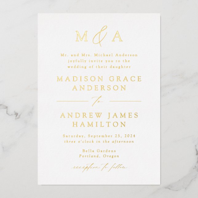 Modern Elegance Gold Monogram Wedding Foil Invitation (Front)