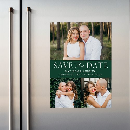 Modern Elegance Green 3 Photo Save the Date Magnetic Invitation