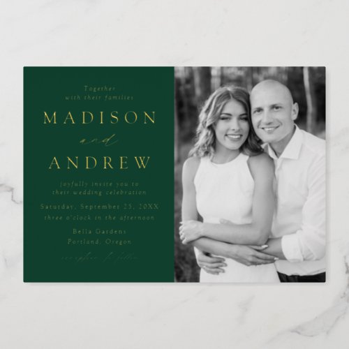 Modern Elegance Green and Gold Photo Wedding Foil Invitation