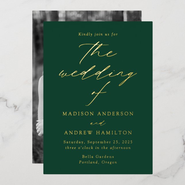 Modern Elegance Green and Gold Photo Wedding Foil Invitation (Front/Back)
