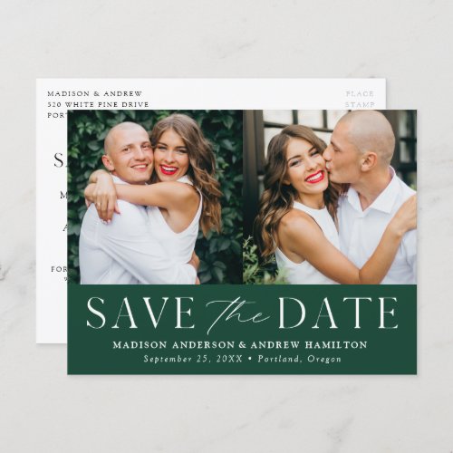 Modern Elegance Green Two Photo Save the Date Announcement Postcard