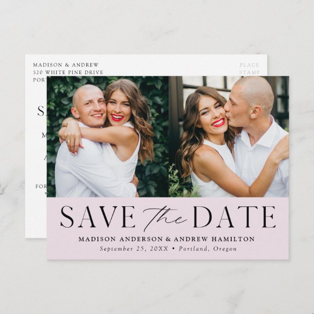 Modern Elegance Lavender Two Photo Save the Date Announcement Postcard (Front/Back)
