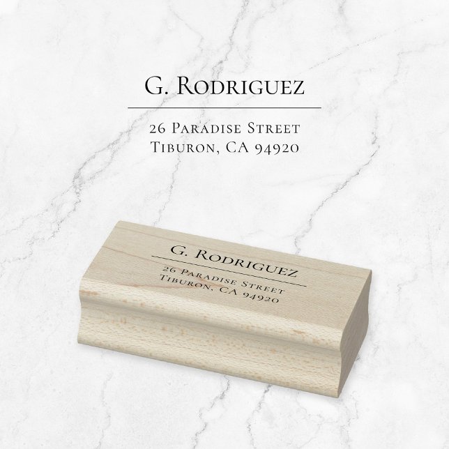 Modern Elegance Line. Minimal Typo. Address 05b. Rubber Stamp (Simple, classic, elegant typography wooden return address stamp with fine line, serif font.)