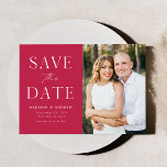 Modern Elegance Magenta Photo Save The Date<br><div class="desc">Announce your wedding date with this stylish, modern photo save the date card. The design features "Save the Date" in white serif and script fonts with a magenta background. Personalize the magenta save the date announcement by adding your names, date, wedding location, and photo. The card reverses to a solid...</div>