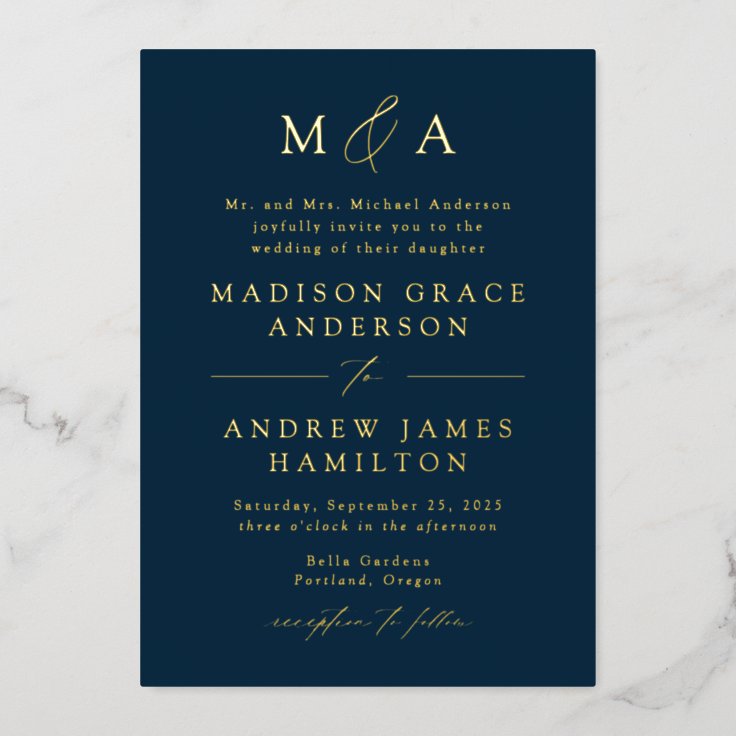 Modern Elegance Navy And Gold Monogram Wedding Foil Invitation 